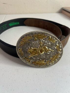 Resistol Leather Belt W/ Silver Gold Plated Bull Riding Belt Buckle Men’s 32